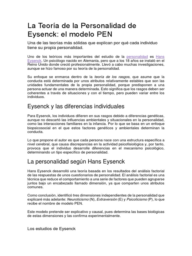 Modelo PEN de Eysenck: las 3 dimensiones de la personalidad | PDF ...
