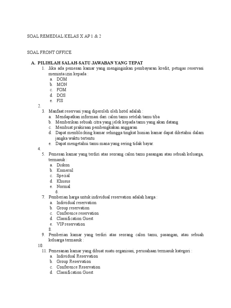 Soal Remed Front Office Smk Yaspia