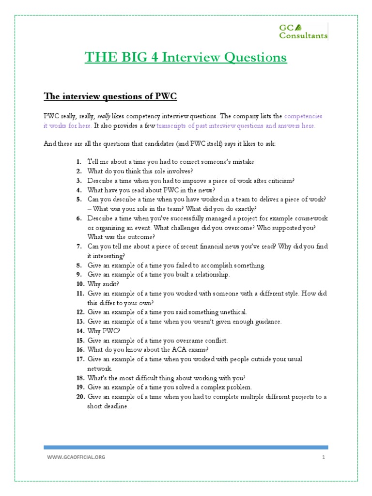 Big 4 Interview Questions Guide | PDF | Pricewaterhouse Coopers ...