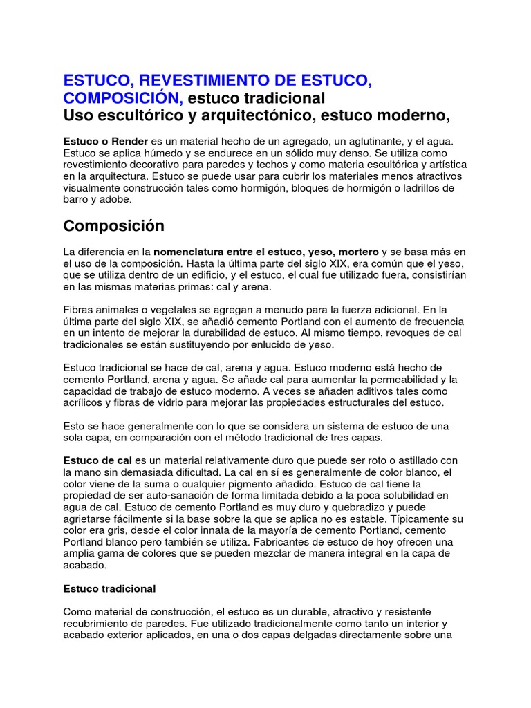 Estuco, Revestimiento de Estuco, Composición | Yeso | Cemento