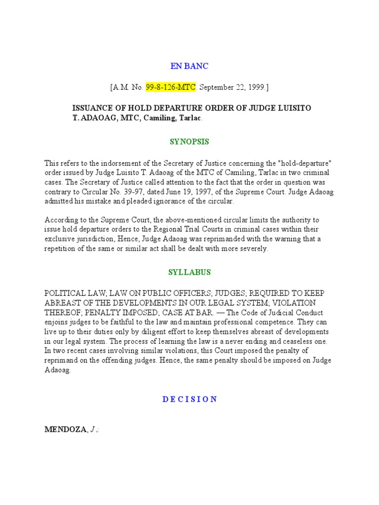 Issuance of Hold Departure Order of Judge Luisito T. Adaoag | PDF ...