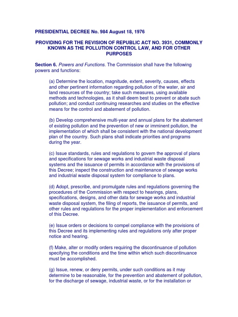 PD 984: Pollution Control Law Overview | PDF | Fine (Penalty) | Sewage