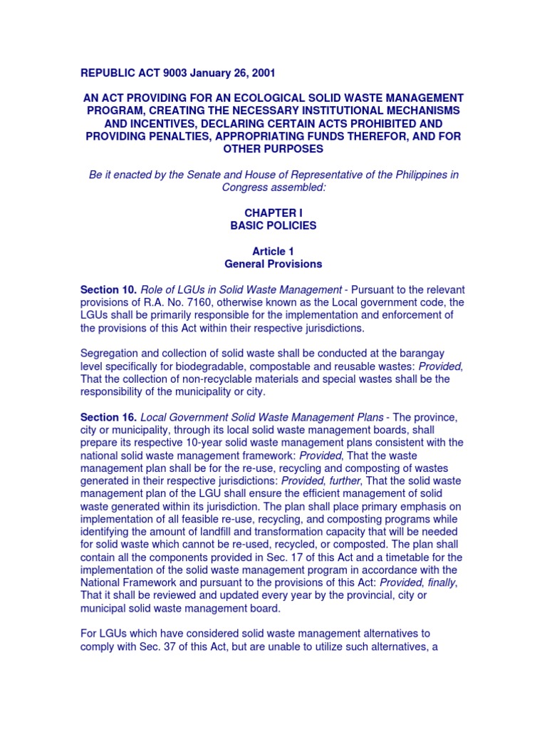 RA 9003 Solid Waste Management Act Waste Management Recycling