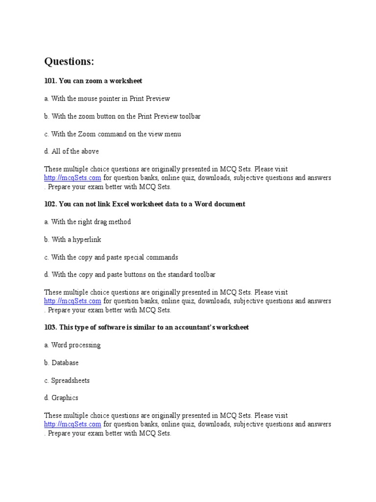 Excel MCQs PDF Multiple Choice Spreadsheet