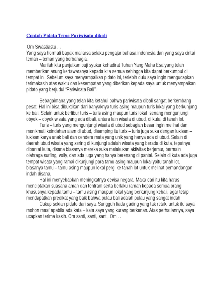 Contoh Pidato Tema Pariwisata Dibali
