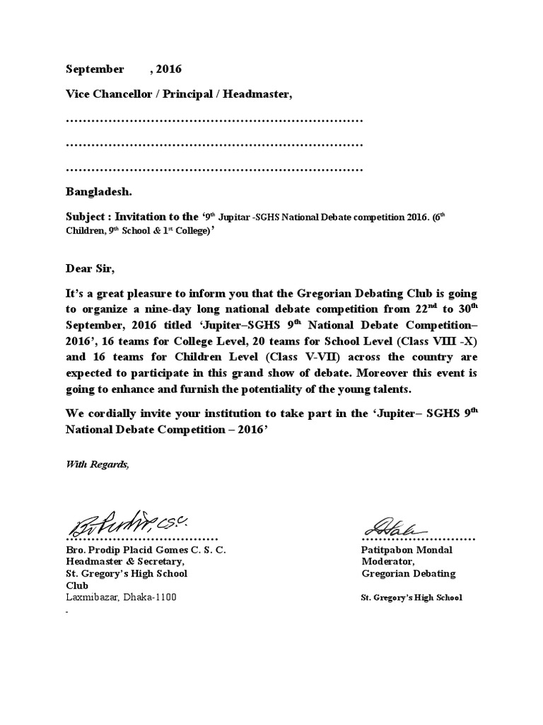 Invitation letter of Jupiter SGHS 9th National Debate Competition-2016