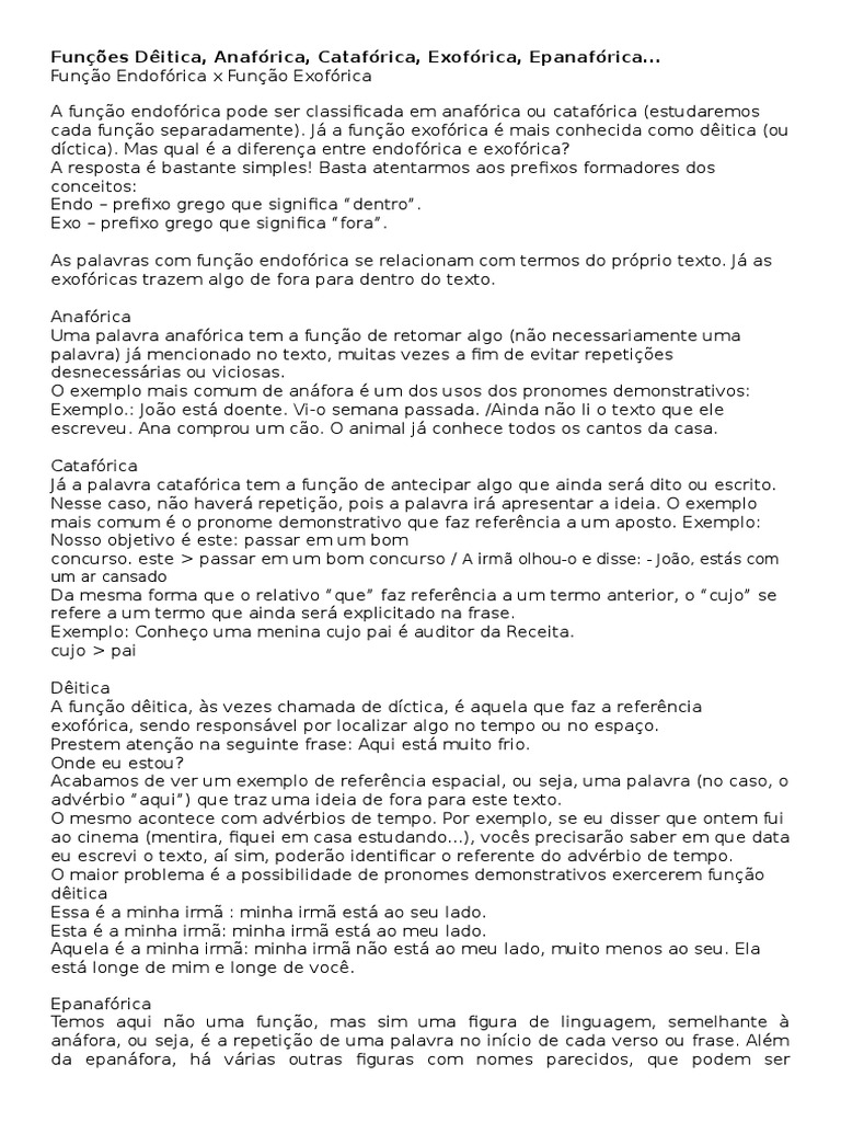 Funções Dêitica Catafórica e Anafórica | PDF | Palavra | Pronome