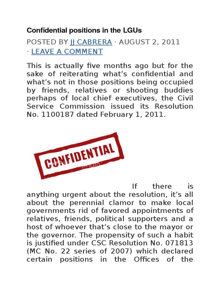 Confidential Position Local Government Governor