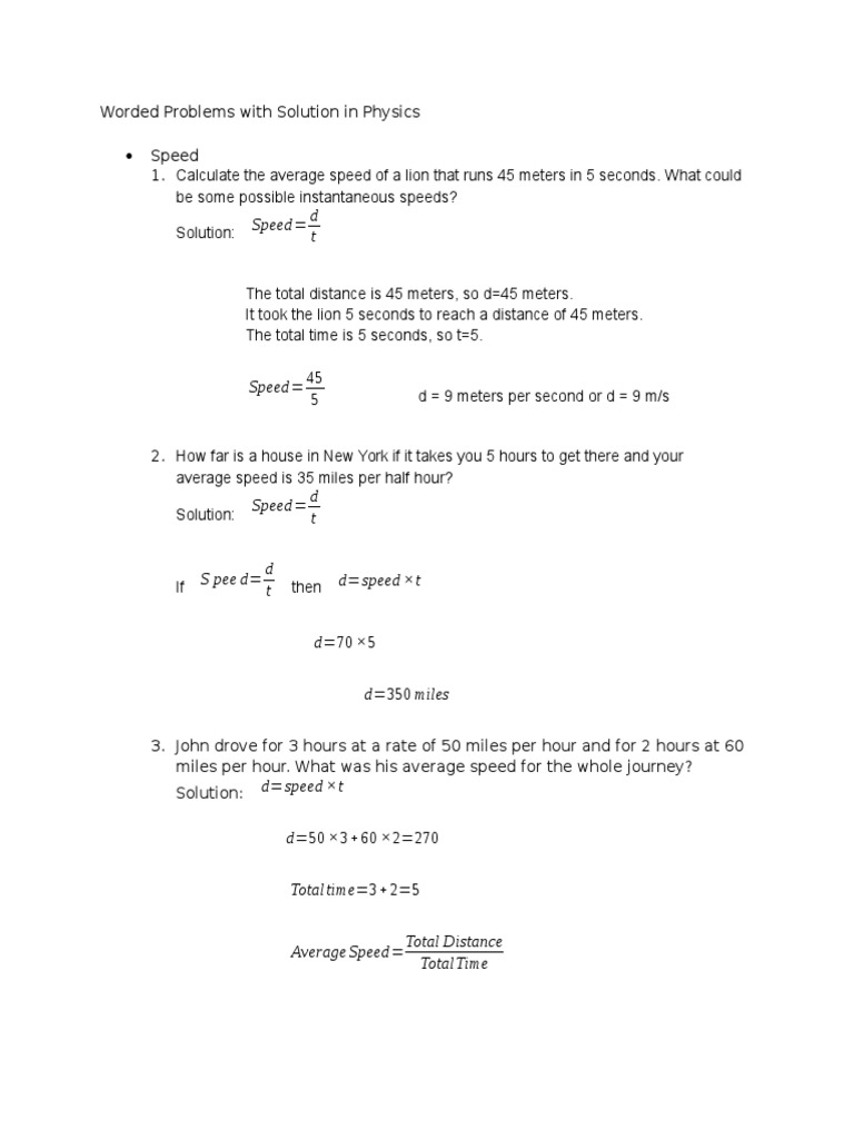 Physics Word Problems with Solutions | PDF | Speed | Velocity