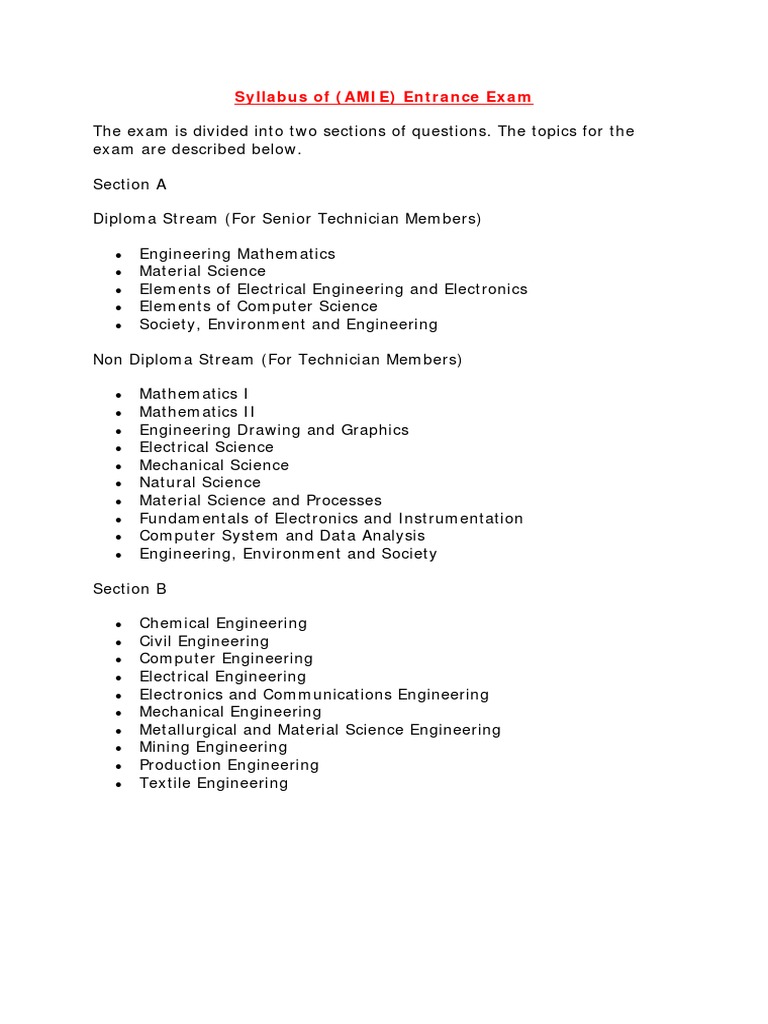 Syllabus of (AMIE) Entrance Exam PDF Engineering Computer Science