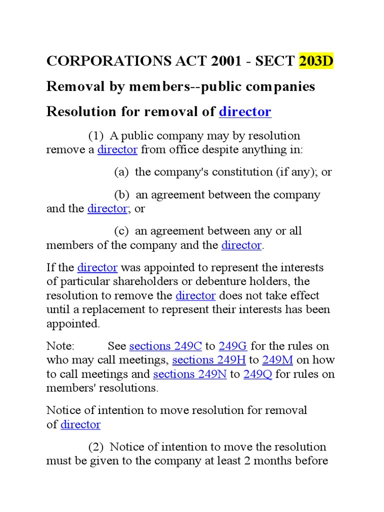 Corporations Act 2001 Sect 203D Removal by Members Public Companies Resolution For Removal