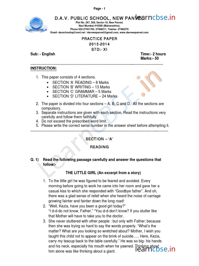 Cbse Class 11 English Sample Paper 2014 1 PDF Poetry