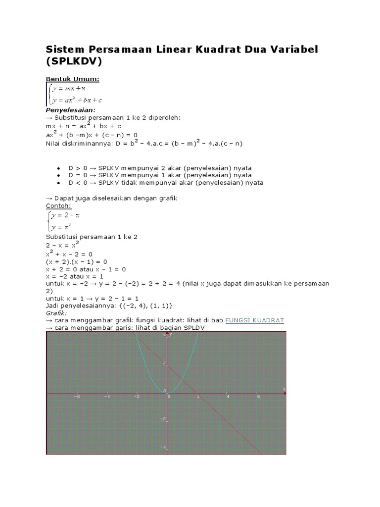 Sistem Persamaan Linear Kuadrat Dua Variabel (SPLKDV)
