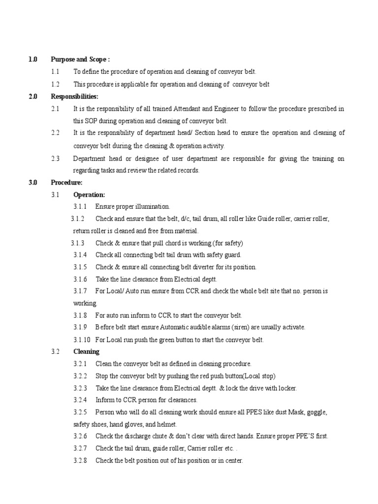 SOP for Operation and Cleaning of Conveyer Belt Personal Protective