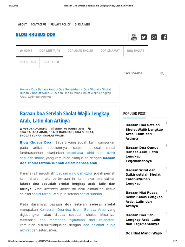 Bacaan Doa Setelah Sholat WBacaan Doa Setelah Sholat Wajib Lengkap