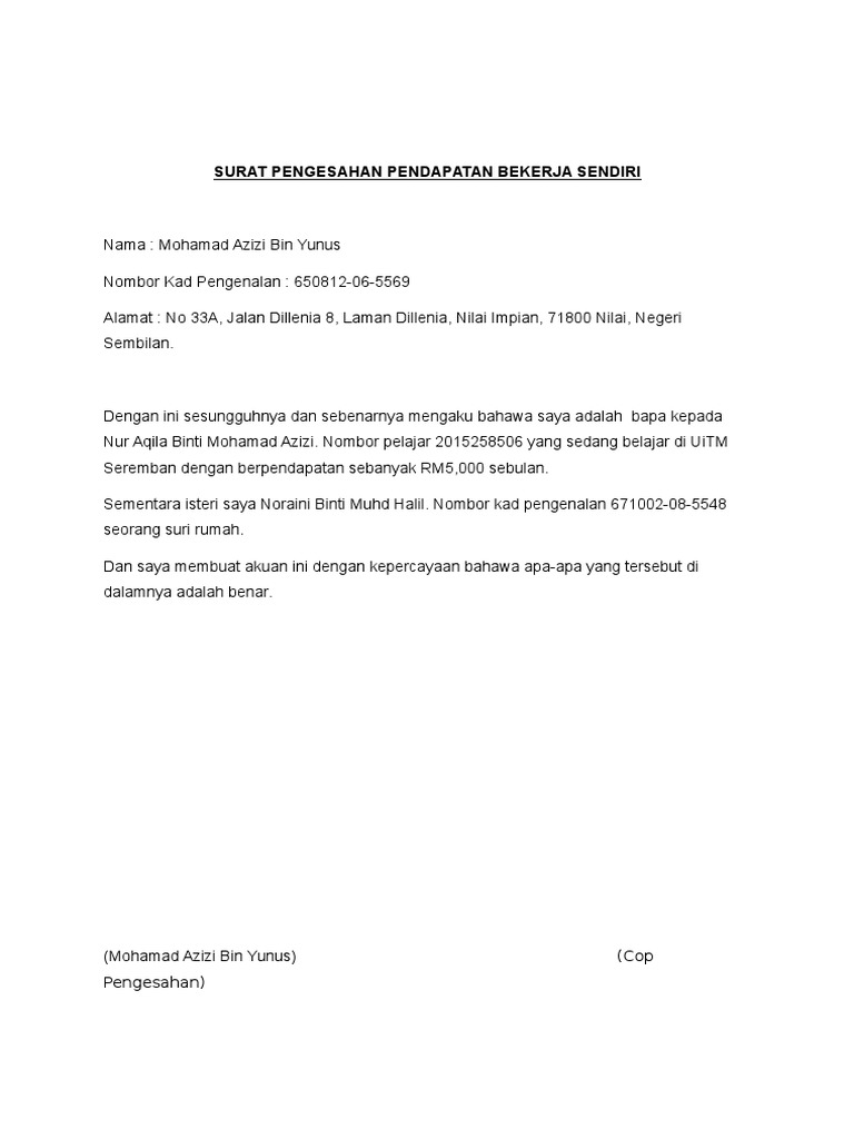 Surat Pengesahan Pendapatan Bekerja Sendiri  PDF