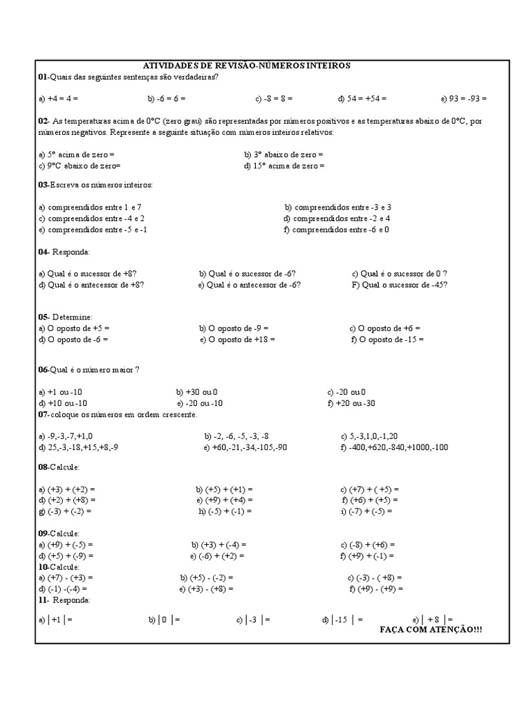 Atividades de Números Inteiros 7º Ano | PDF