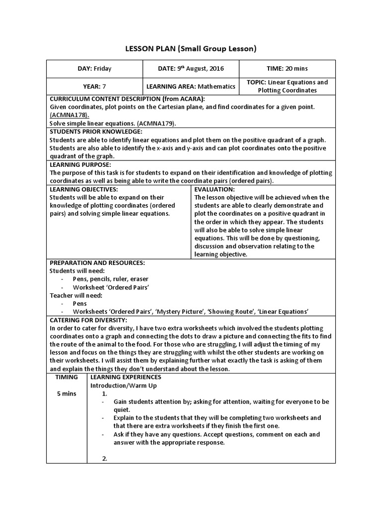 Linear Equations & Coordinates Lesson Plan | PDF | Cartesian Coordinate ...