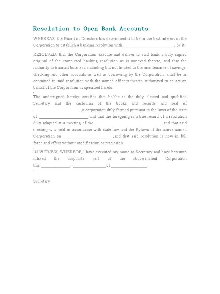 Bank Account Opening Resolution Template | PDF