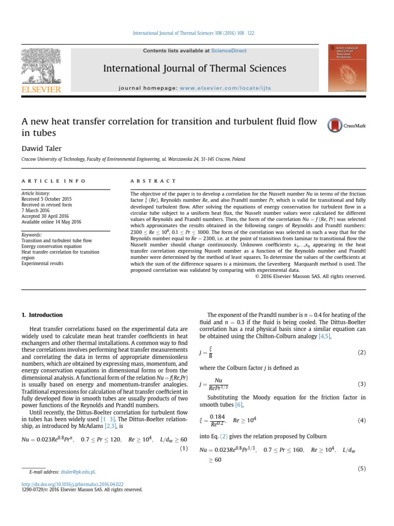 A New Heat Transfer Correlation For Transition and Turbulent Fluid Flow ...