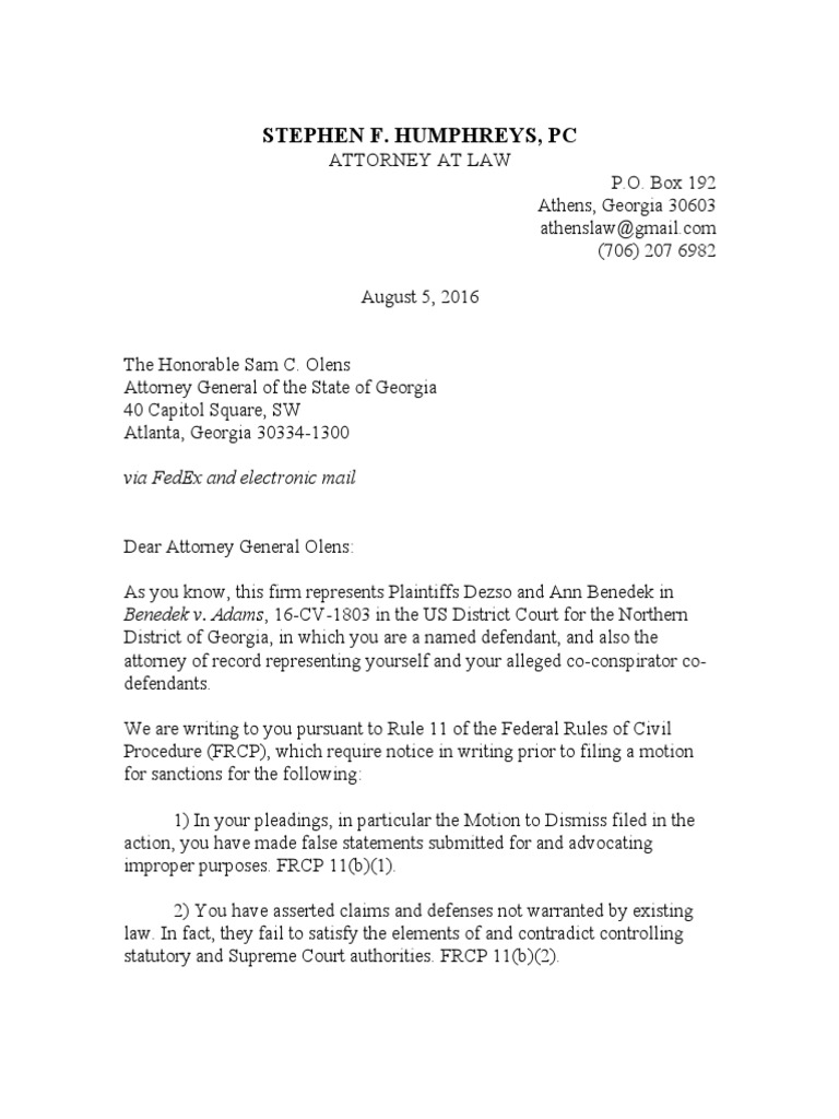 Olens Rule 11 Service Letter Federal Rules Of Civil Procedure