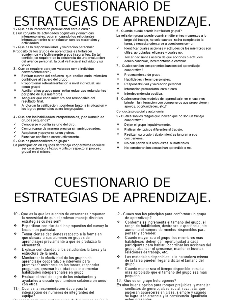 Cuestionario sobre Estrategias de Aprendizaje | PDF | Evaluación ...