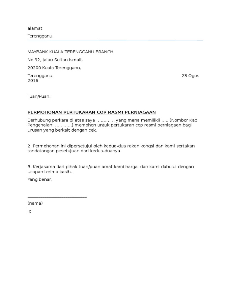 Contoh Pertukaran Alamat Surat Menyurat