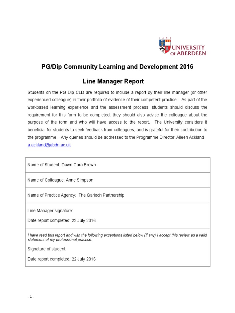 PG/Dip Community Learning and Development 2016 Line Manager Report ...