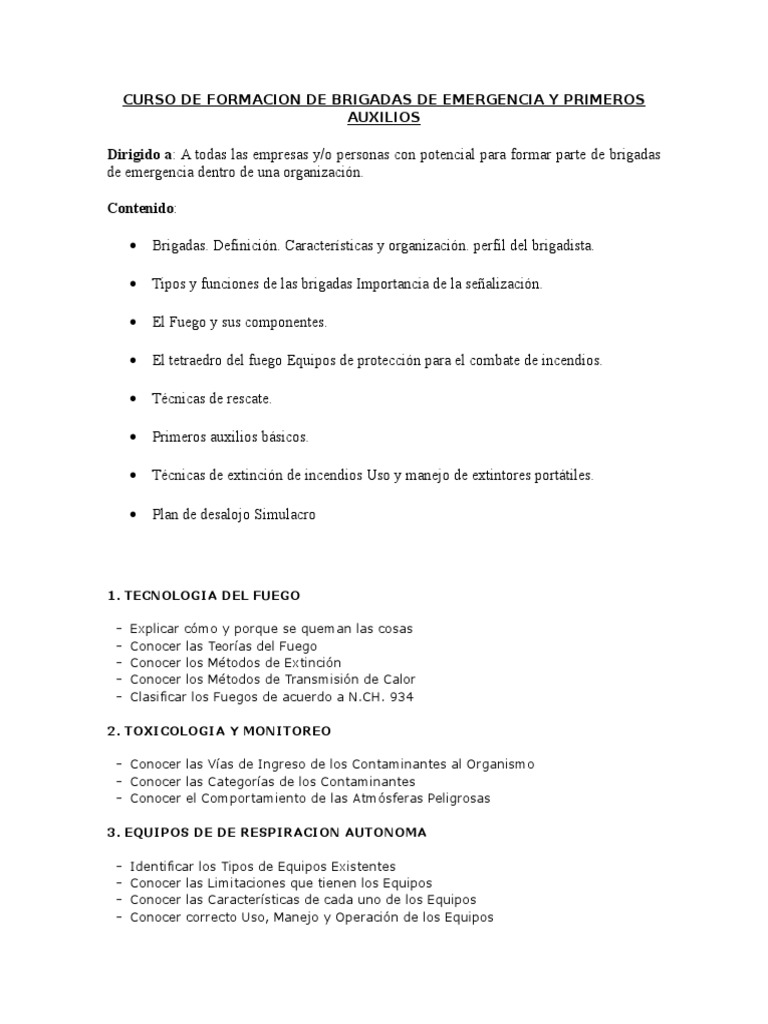 Curso de Formacion de Brigadas de Emergencia y Primeros Auxilios | PDF ...