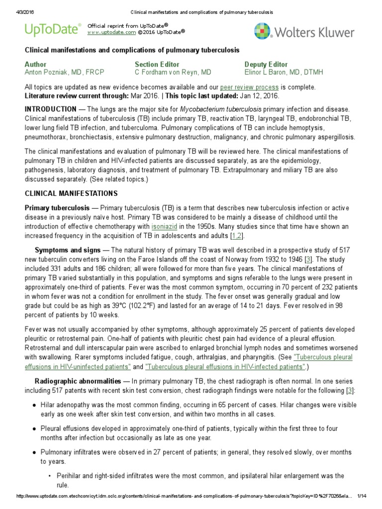 Clinical Manifestations and Complications of Pulmonary Tuberculosis ...