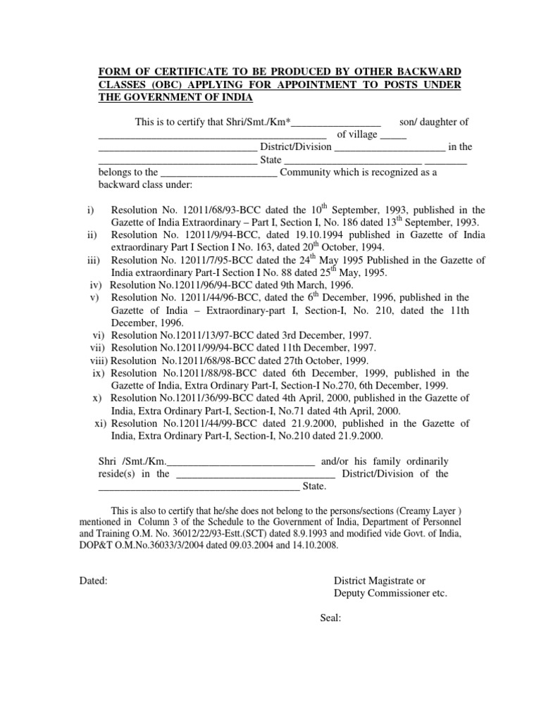 OBC Certificate proformaSWO - 2 PDF | PDF | Magistrate | Government Of ...