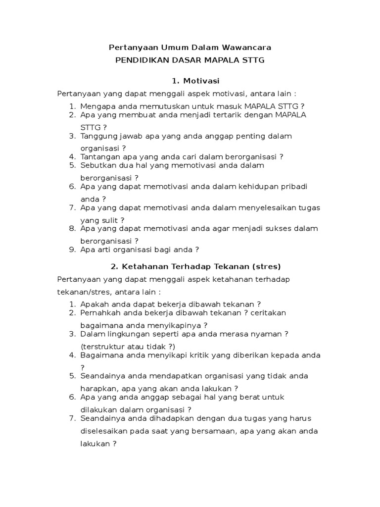 Pertanyaan Umum Dalam Wawancara