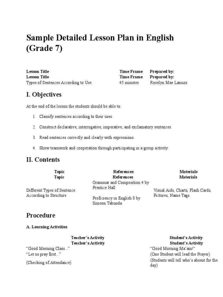 Grade 7 Lesson Plan: Types of Sentences | PDF | Question | Sentence ...