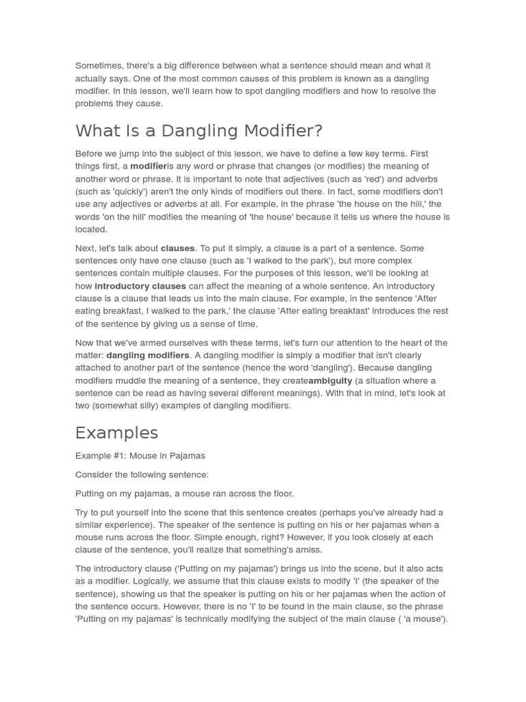 Dangling Modifier | PDF | Language Arts & Discipline