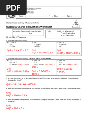 1 Current And Charge Calculations Worksheet Answers