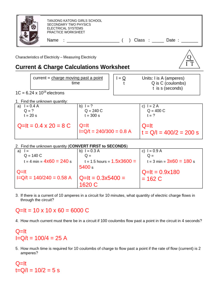 1 Current and Charge Calculations Worksheet - Answers | PDF