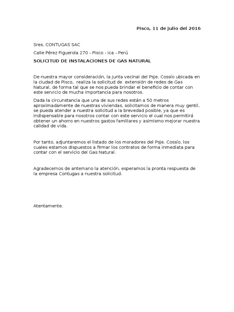 Carta - Solicitud de Suministro de Gas Natural