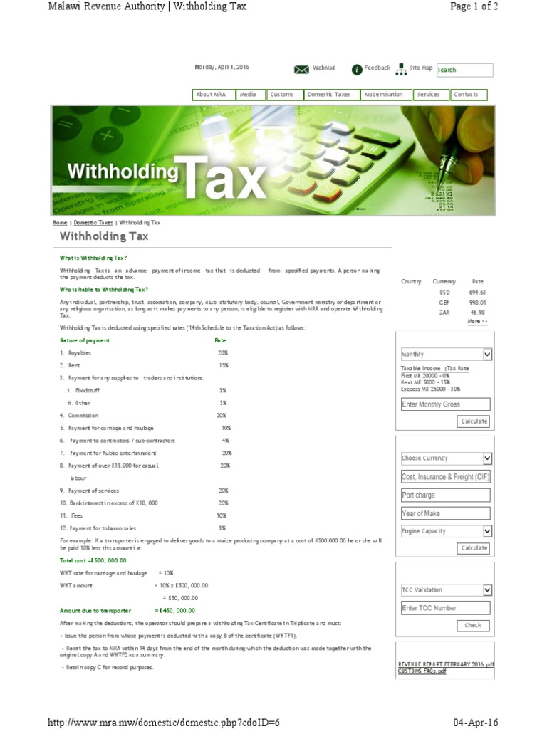 Withholding Tax Rates Malawi Withholding Tax Taxes