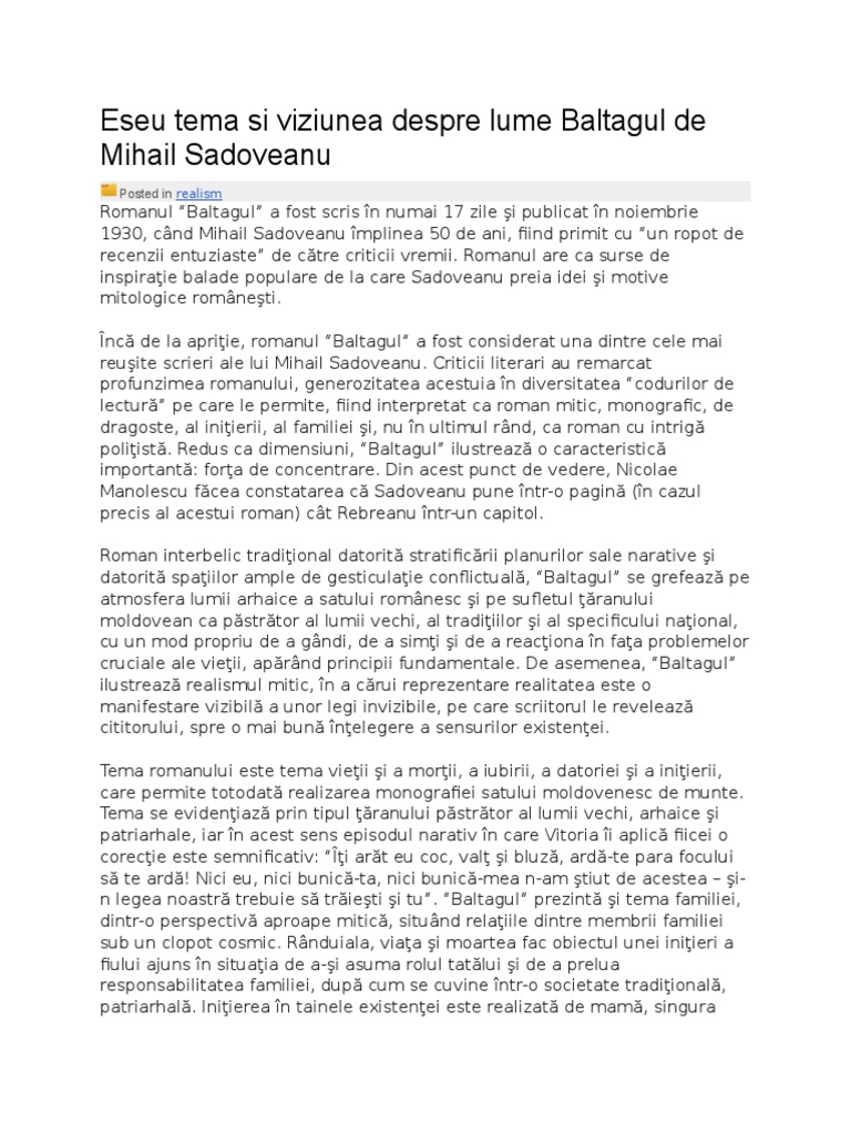 Baltagul Tema Si Viziunea Despre Lume