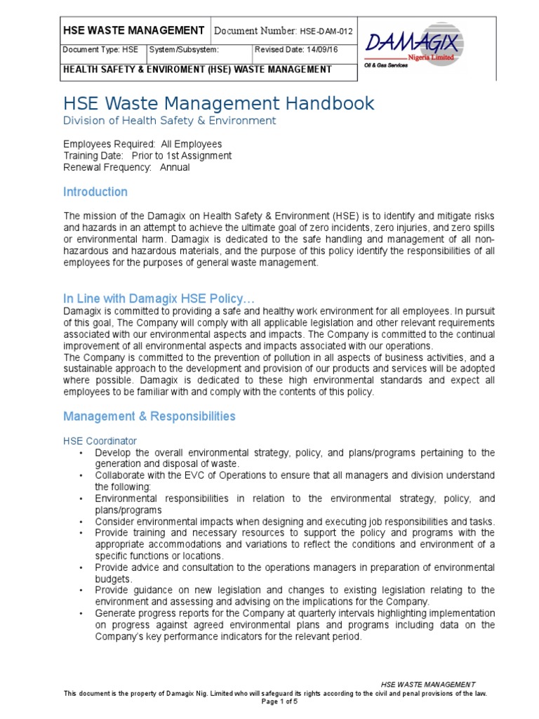 HSE Waste Management Handbook Overview | PDF | Waste Management | Recycling