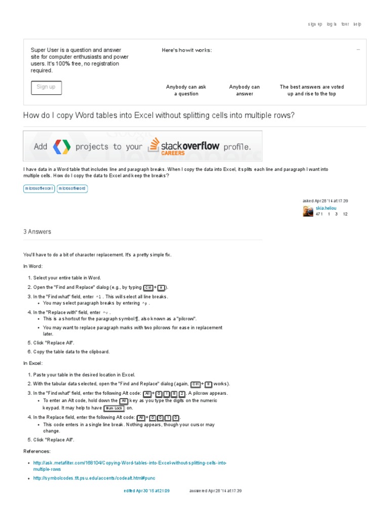How Do I Copy Word Tables Into Excel Without Splitting Cells Into