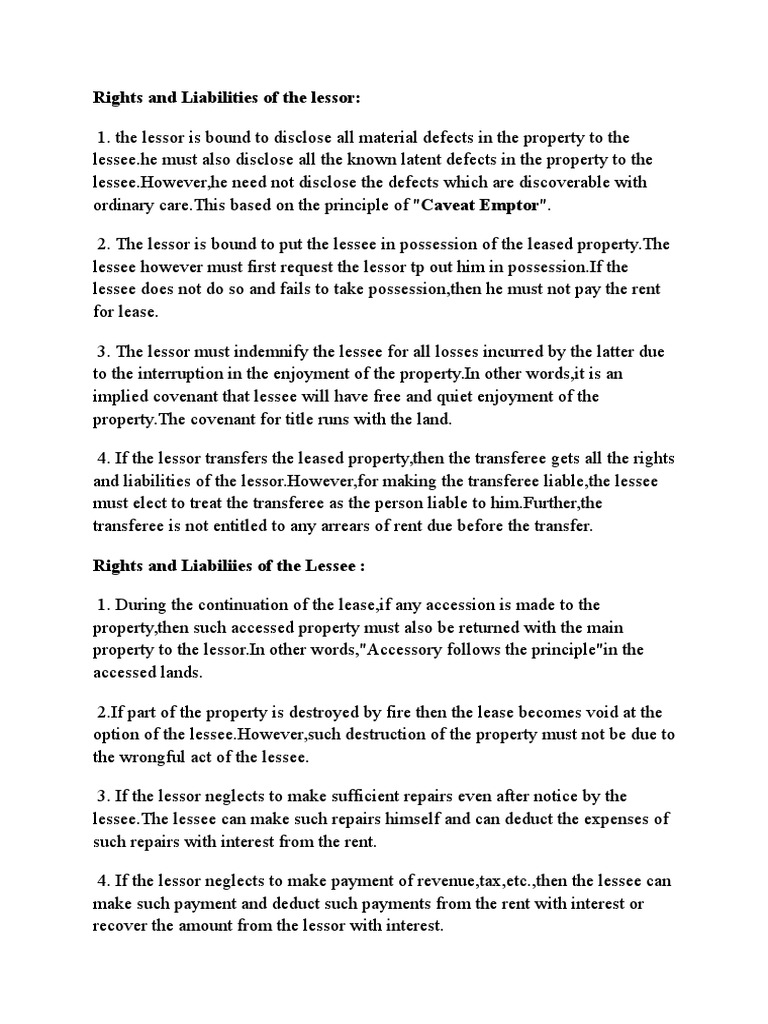 Rights and Liabilities of the Lessor Lease Real Property Law