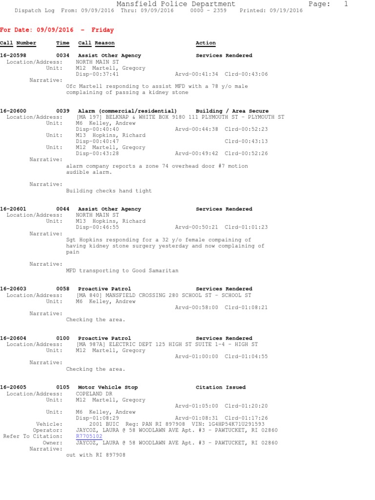 Mansfield Police Dispatch Log 09/09/2016 | PDF | Vehicles | Legal Action