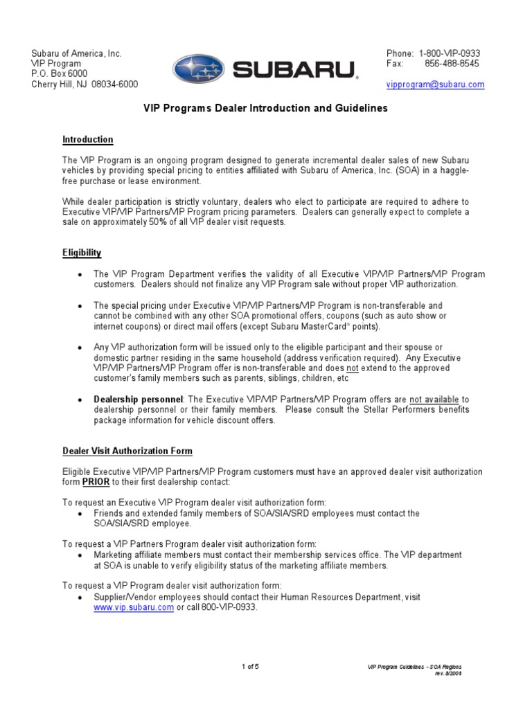 Subaru VIP Program Guidelines | PDF | Coupon | Invoice