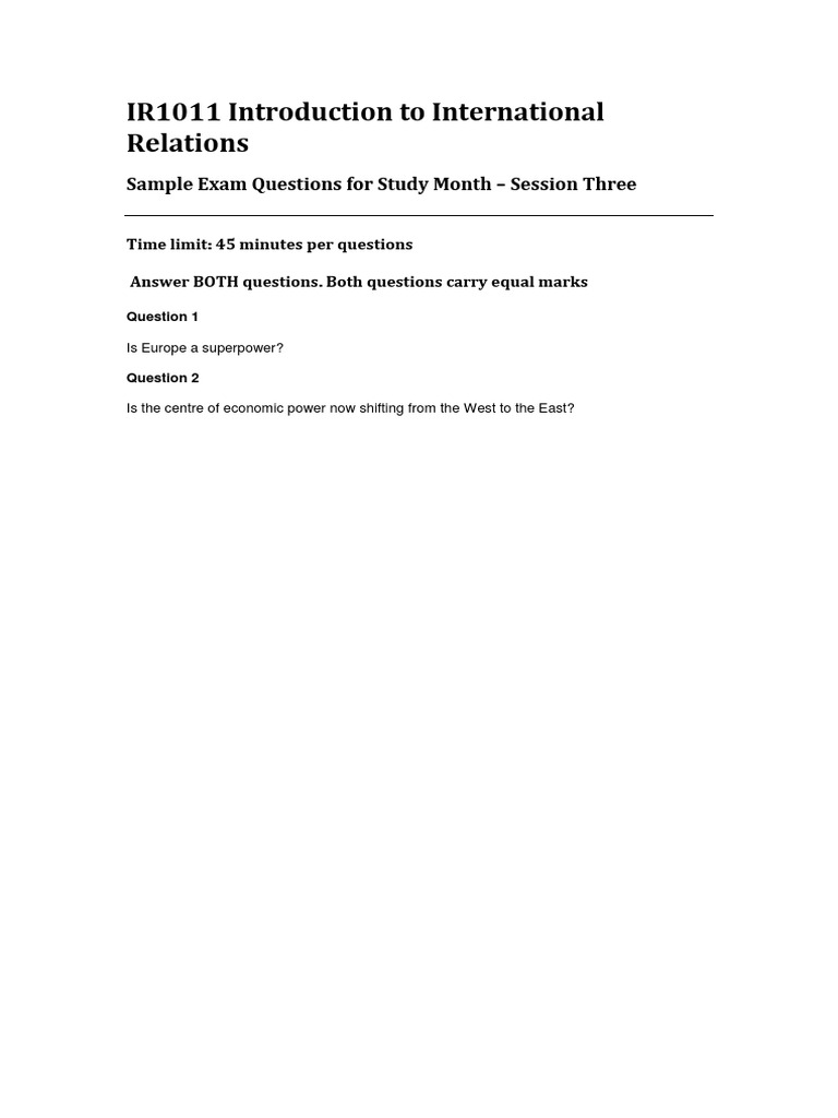 IR1011 Introduction To International Relations: Sample Exam Questions ...