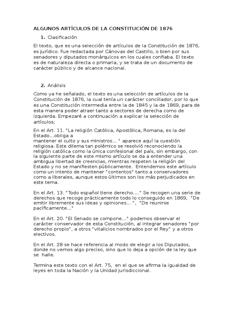 10º. Comentario de Texto. Constitución de 1876 (1) | Cortes Generales