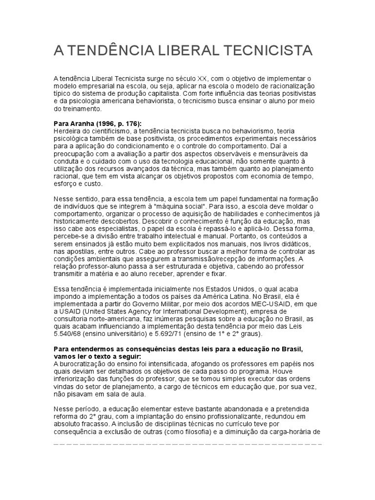 A Tendência Liberal Tecnicista | PDF | Escolas | Behaviorismo