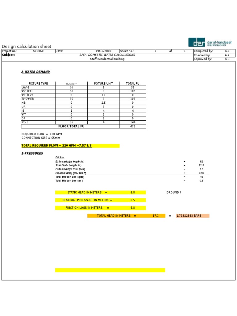 Design Calculation Sheet: A-Water Demand | PDF