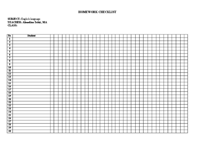 Homework Checklist: TEACHER: Almedina Tokić, MA Class: SUBJECT: English ...