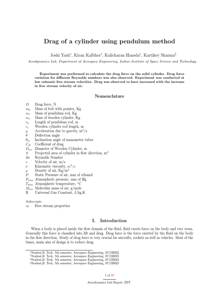 1 Drag of A Cylinder Using Pendulum Method PDF Reynolds Number